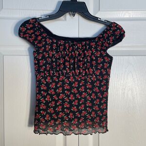 Art Class Mesh Top Girls L 10 12 Black Floral Cap Sleeve Babydoll Ruched Shirt